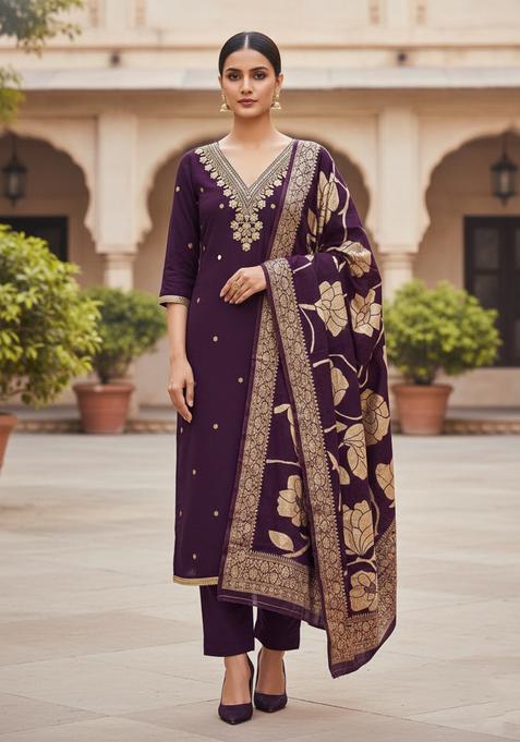 Purple Embroidery Cotton Kurta Set