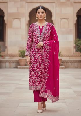 Pink Embroidery Chanderi Kurta Set