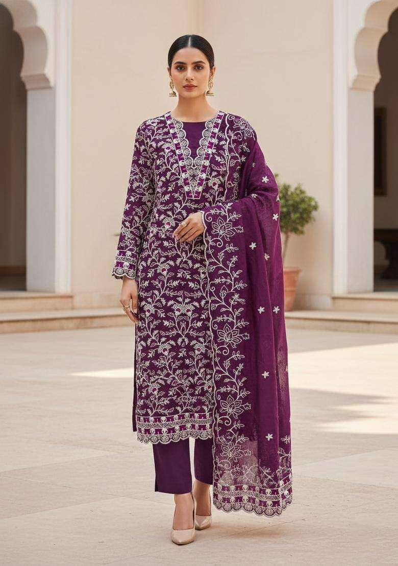 Purple Embroidery Chanderi Kurta Set - Indya