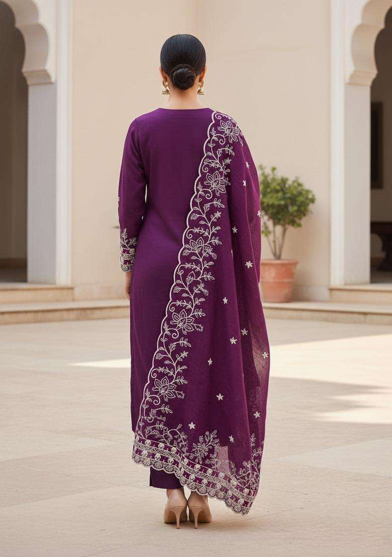 Purple Embroidery Chanderi Kurta Set - Indya