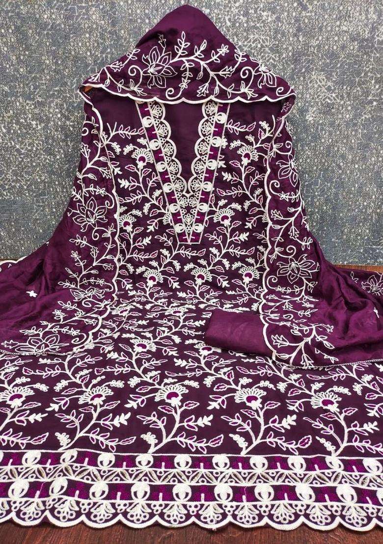 Purple Embroidery Chanderi Kurta Set - Indya