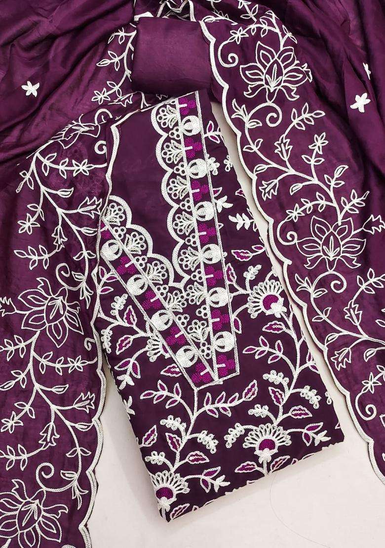 Purple Embroidery Chanderi Kurta Set - Indya