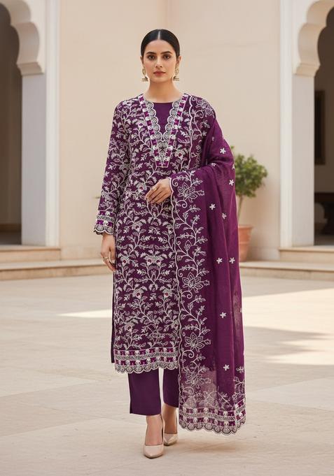 Purple Embroidery Chanderi Kurta Set