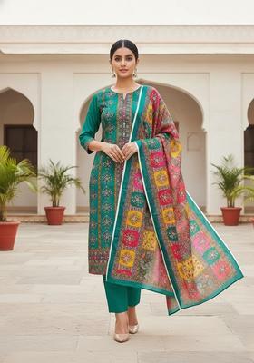 Teal Embroidery Crepe Kurta Set