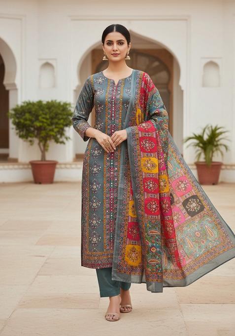 Grey Embroidery Crepe Kurta Set