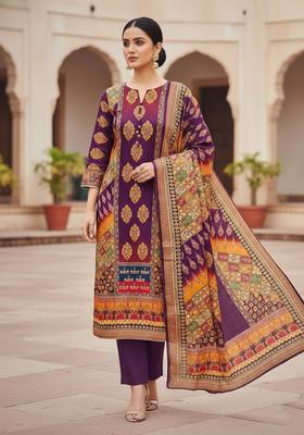 Purple Embroidery Crepe Kurta Set