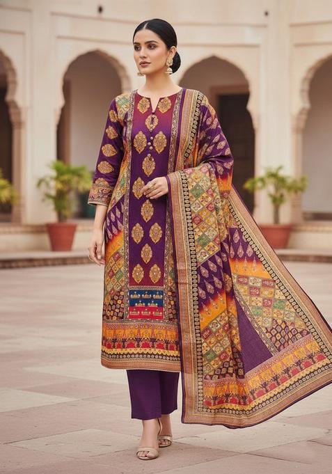 Purple Embroidery Crepe Kurta Set