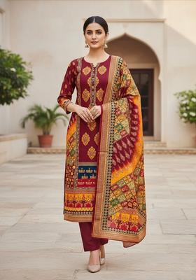 Red Embroidery Crepe Kurta Set