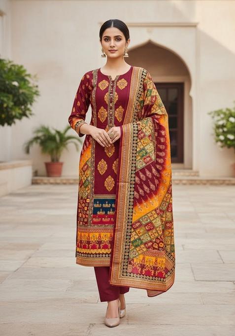 Red Embroidery Crepe Kurta Set