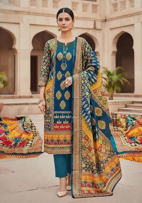Blue Embroidery Crepe Kurta Set
