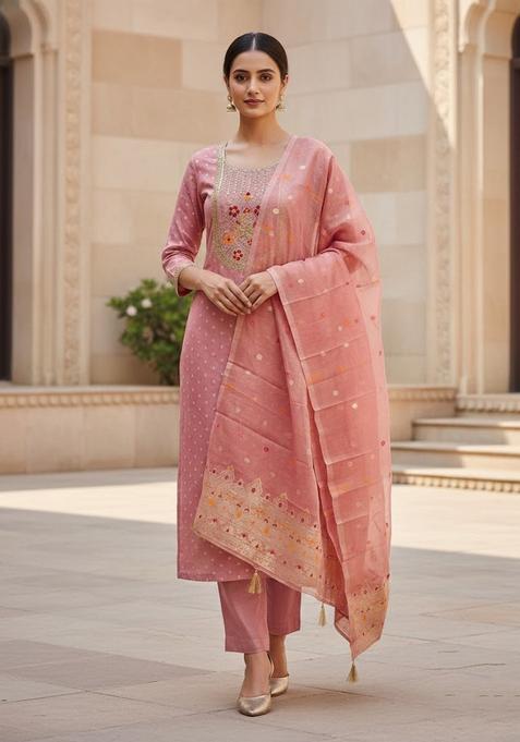 Peach Embroidery Shimmer Kurta Set