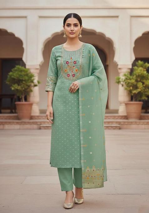 Sea Green Embroidery Shimmer Kurta Set