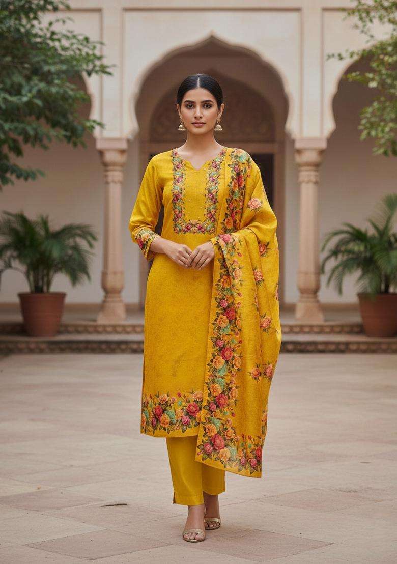 Yellow Embroidery Silk Kurta Set - Indya