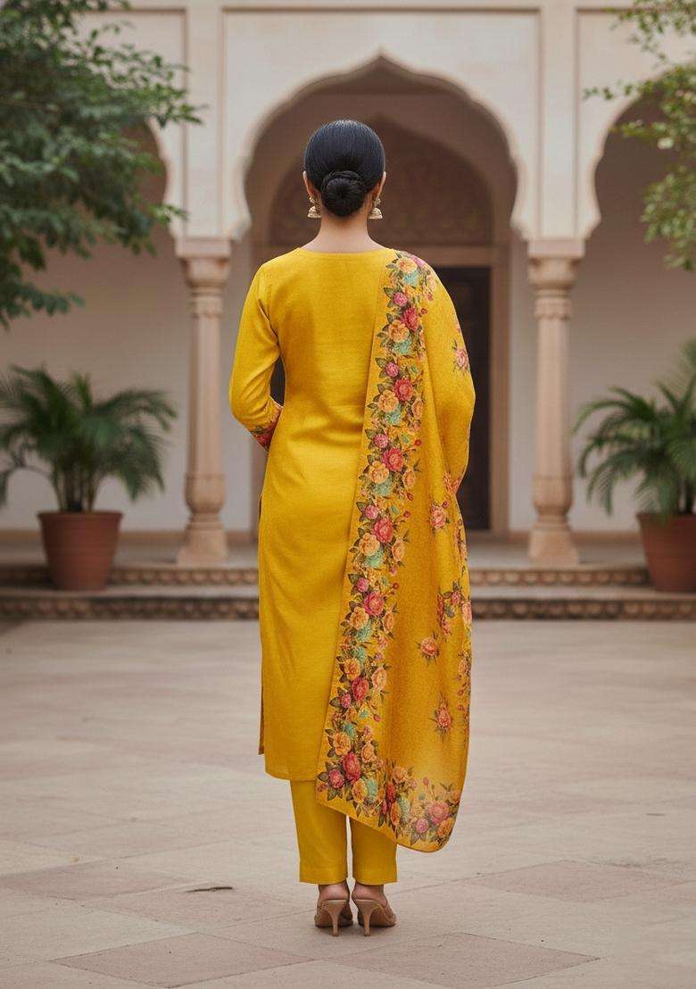 Yellow Embroidery Silk Kurta Set - Indya