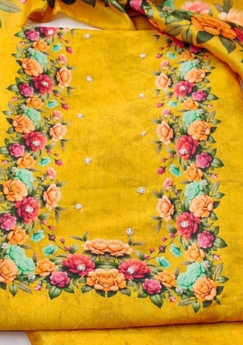 Yellow Embroidery Silk Kurta Set - Indya