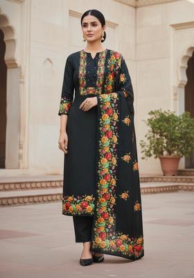 Black Embroidery Silk Kurta Set