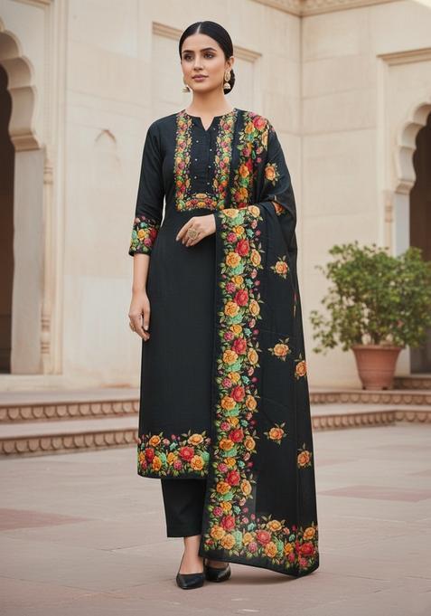 Black Embroidery Silk Kurta Set