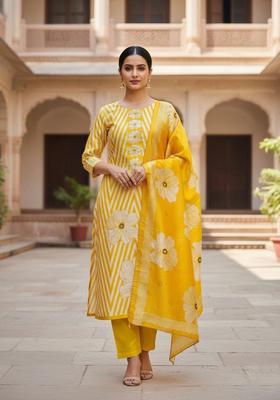 Yellow Embroidery Silk Kurta Set