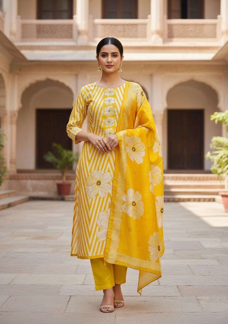 Yellow Embroidery Silk Kurta Set - Indya