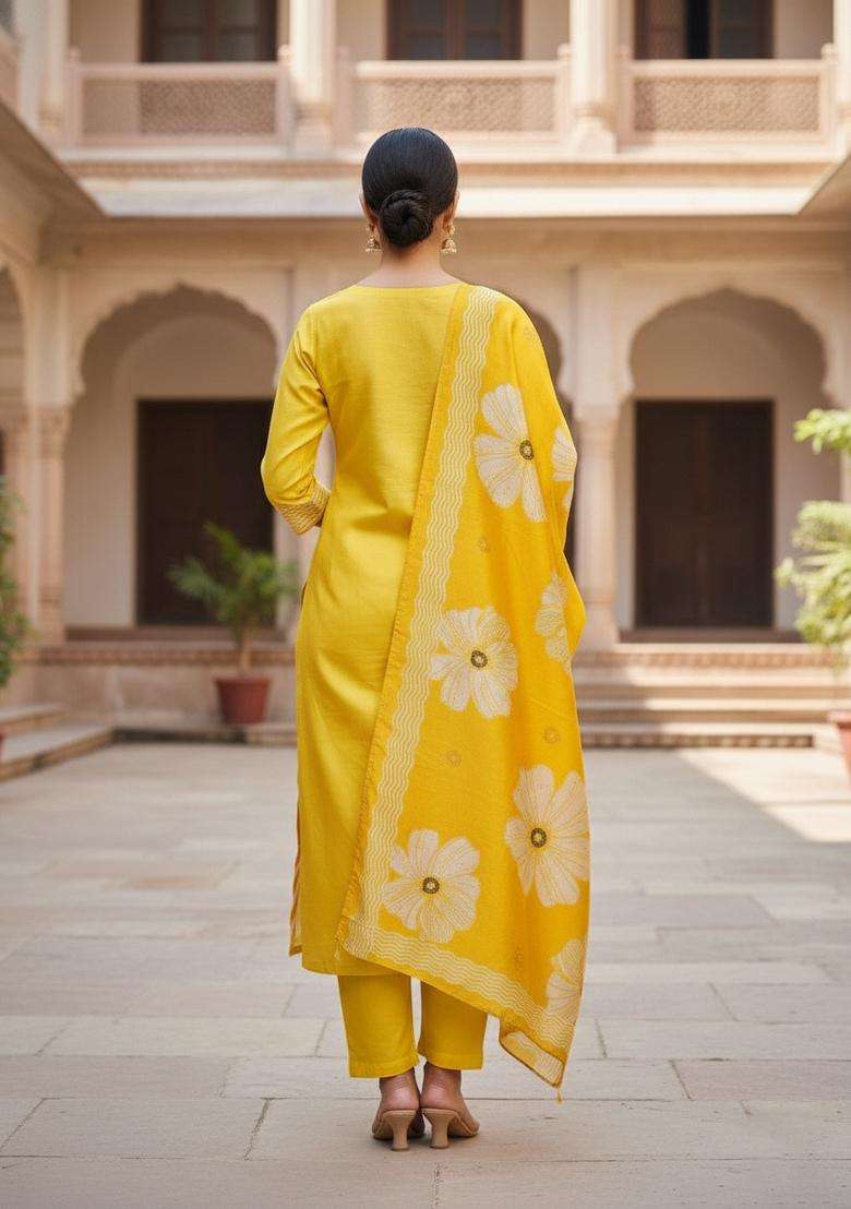 Yellow Embroidery Silk Kurta Set - Indya