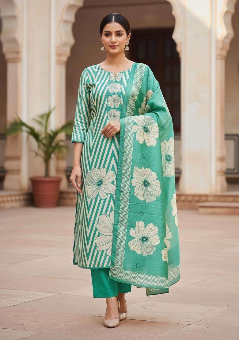 Sea Green Embroidery Silk Kurta Set - Indya