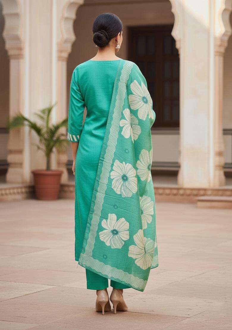 Sea Green Embroidery Silk Kurta Set - Indya