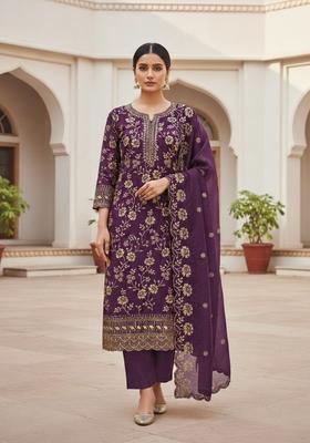 Purple Embroidery Silk Kurta Set