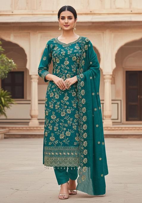 Blue Embroidery Silk Kurta Set