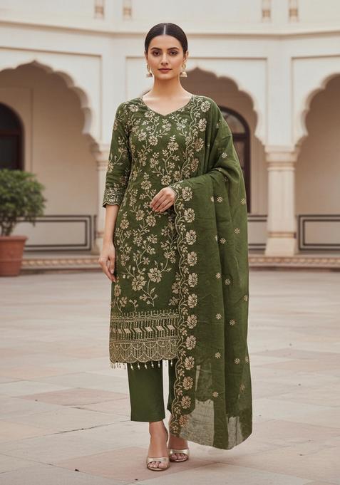 Green Embroidery Silk Kurta Set
