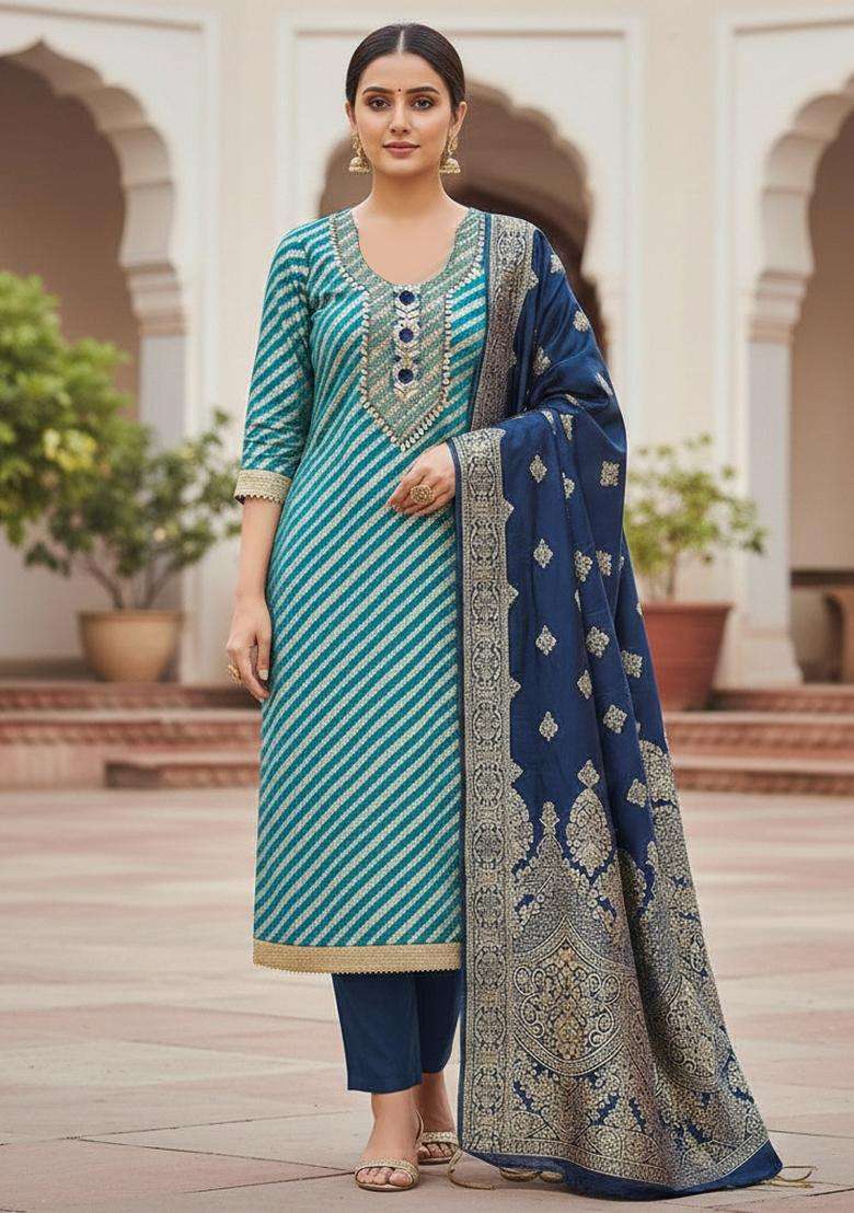 Blue Embroidery Shimmer Kurta Set - Indya