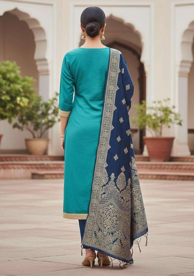 Blue Embroidery Shimmer Kurta Set - Indya