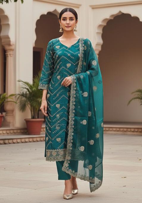 Blue Embroidery Banarasi Kurta Set