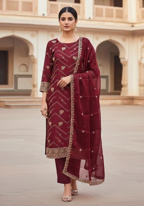 Maroon Embroidery Banarasi Kurta Set