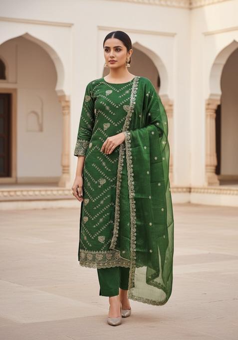 Green Embroidery Banarasi Kurta Set