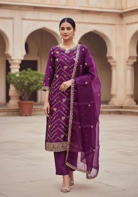 Purple Embroidery Banarasi Kurta Set