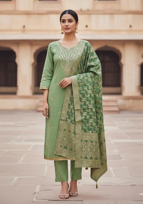 Green Embroidery Silk Kurta Set