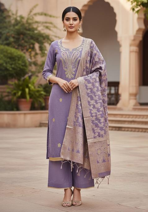 Lavender Embroidery Silk Kurta Set