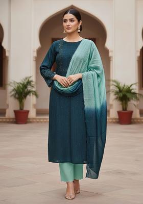 Blue Embroidery Chanderi Kurta Set