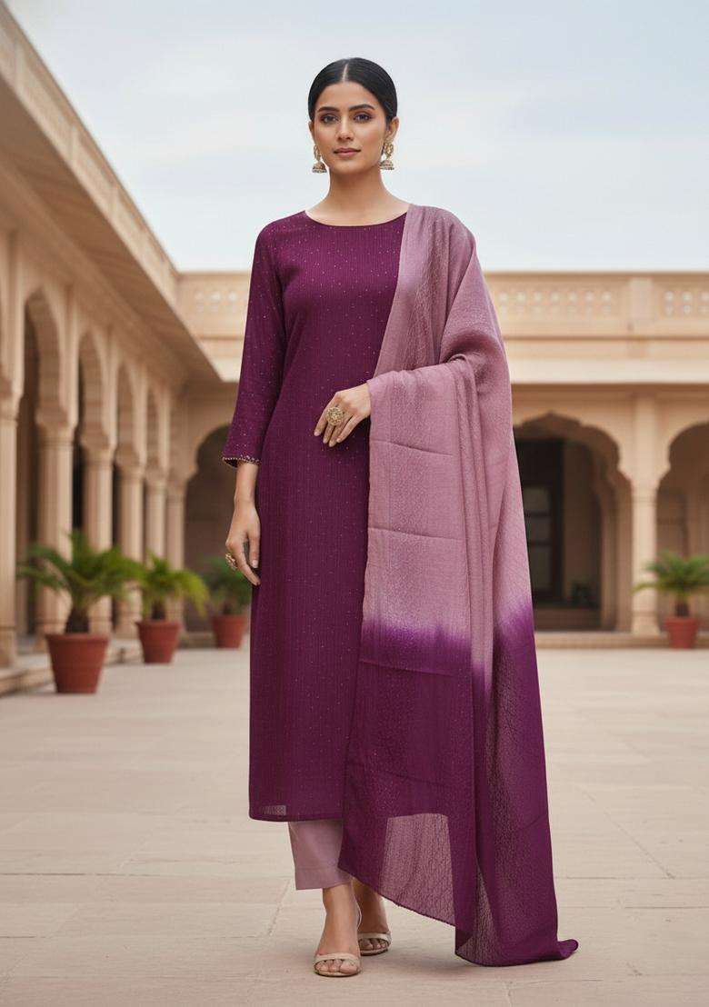 Purple Embroidery Chanderi Kurta Set - Indya