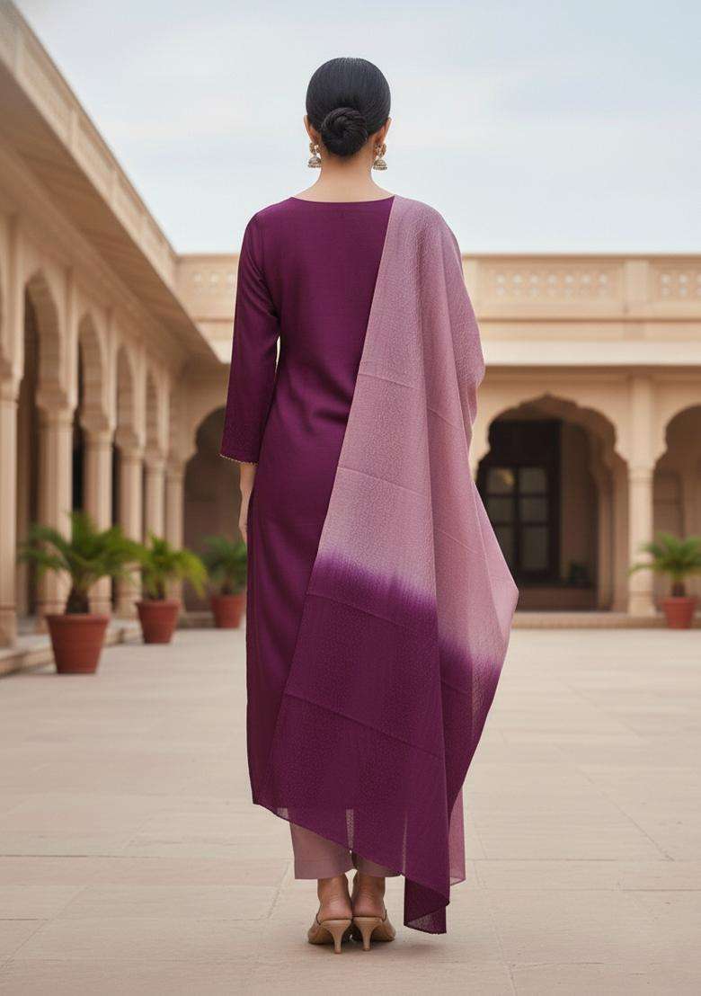 Purple Embroidery Chanderi Kurta Set - Indya