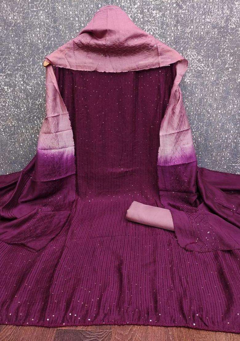 Purple Embroidery Chanderi Kurta Set - Indya