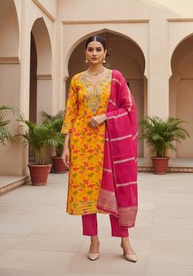 Yellow Embroidery Chanderi Kurta Set