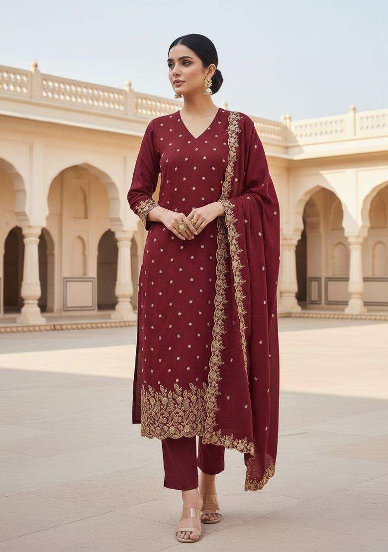 Red Embroidery Silk Kurta Set - Indya