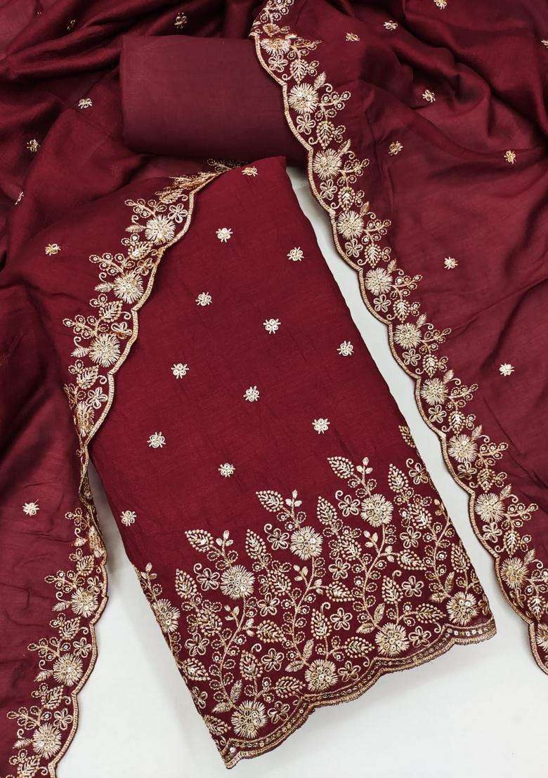 Red Embroidery Silk Kurta Set - Indya
