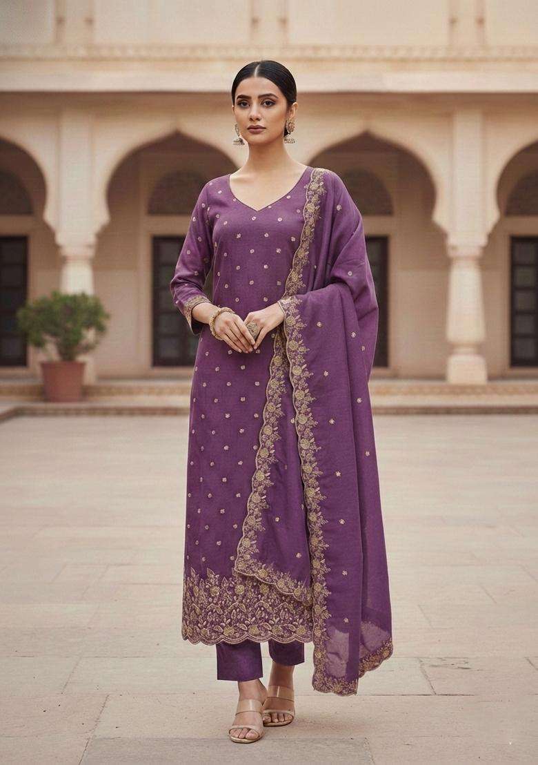 Lavender Embroidery Silk Kurta Set - Indya