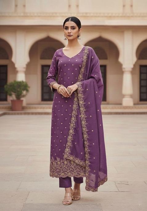 Lavender Embroidery Silk Kurta Set
