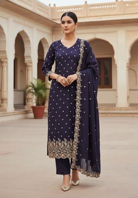Purple Embroidery Silk Kurta Set