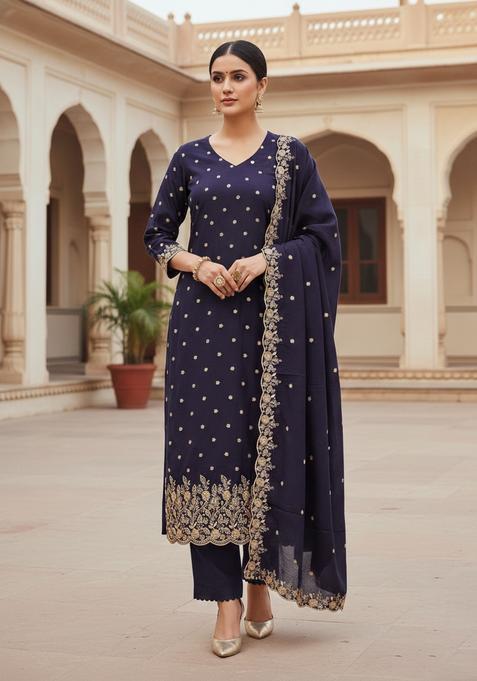 Purple Embroidery Silk Kurta Set