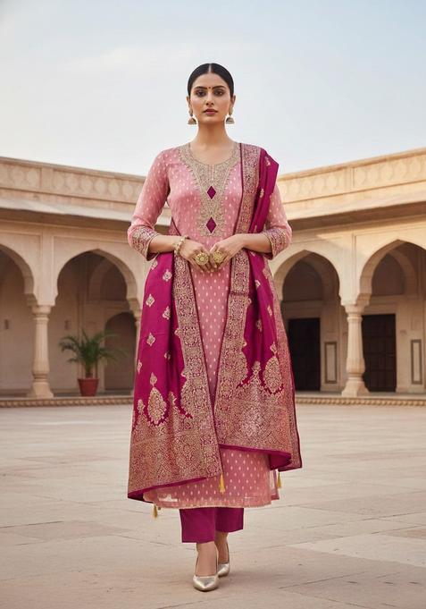 Pink Embroidery Silk Kurta Set