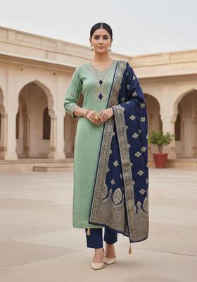 Blue Embroidery Silk Kurta Set